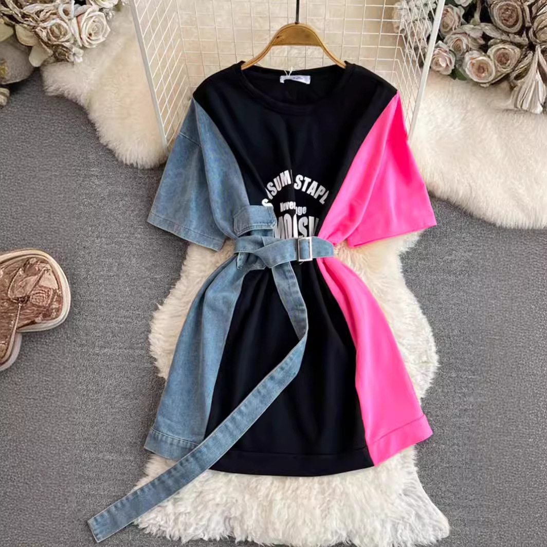 Women's Clothing Denim print splicing t shirt dress design round neck waist slimming a line dress_voghion.com