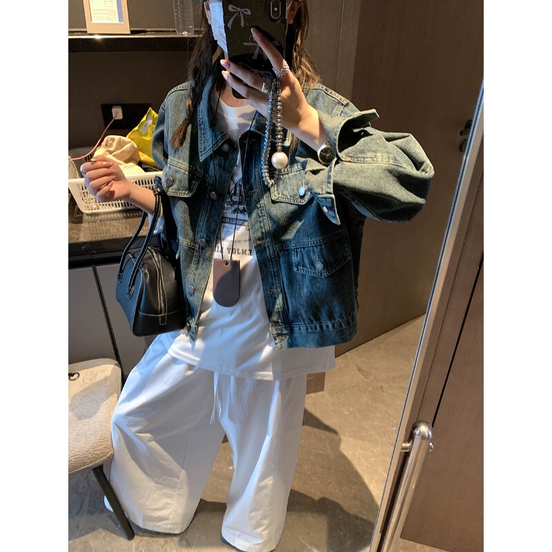 摩且 早秋新款 美式复古水洗做旧翻领宽松小个子牛仔外套 MQ0679|undefined