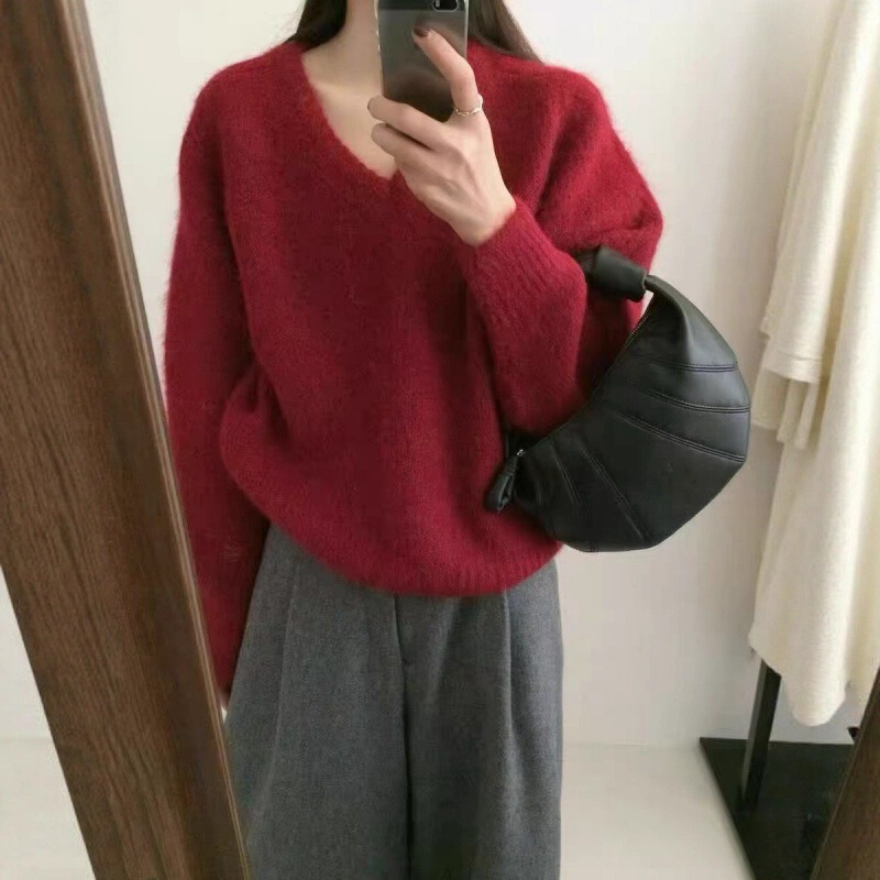 韩系秋冬新款套头毛衣女V领宽松休闲高级感软糯慵懒针织女装上衣|undefined