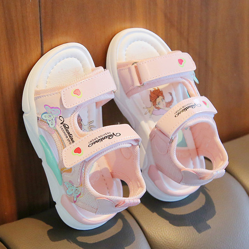 Girls Sandals Open Toe 2024 Summer New Children's Beach Shoes Cartoon Little Girls Princess Shoes Soft Sole Baby Shoes