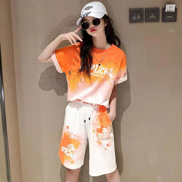 2024 nuevo traje casual de verano para niños y niños, traje de dos piezas de manga corta de moda de teñido anudado para niñas de verano