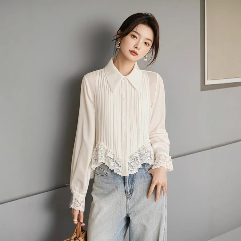 2025 Spring and Autumn New Chiffon Top Cool Style High-End Chic Super Nice White Lace Long Sleeve Shirt for Women 2025 Spring and Autumn New Chiffon Top Cool Style High-End Chic Super Nice White Lace Long Sleeve Shirt for Women