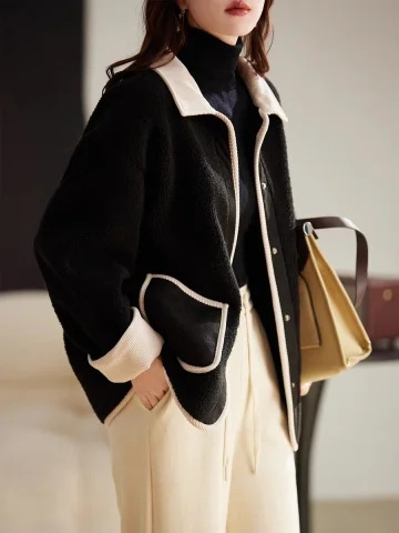 Women's Fashionable Matchable Thick Collar Contrast Color Splicing Outerwear for Autumn and Winter