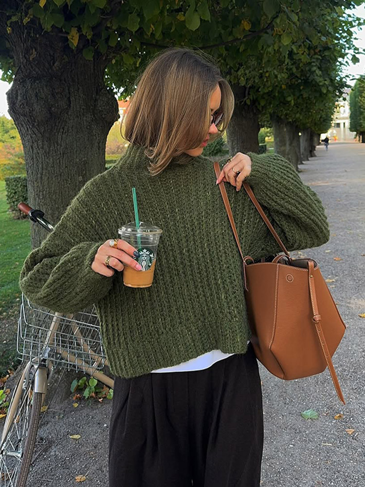 Temperamento de estilo de viaje de color sólido universal de cuello alto corto suéter de punto para mujeres 2025 otoño nuevo estilo transfronterizo europeo y americano
