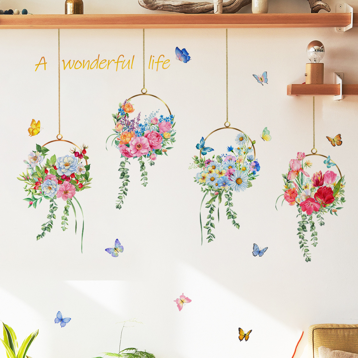 MS8349新款花卉吊环蝴蝶墙贴纸卧室客厅房间装饰墙贴自粘墙贴画