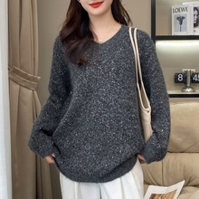 濮院羊毛衫马海毛v领宽松中长款针织毛衣灰色早春装女日韩休闲