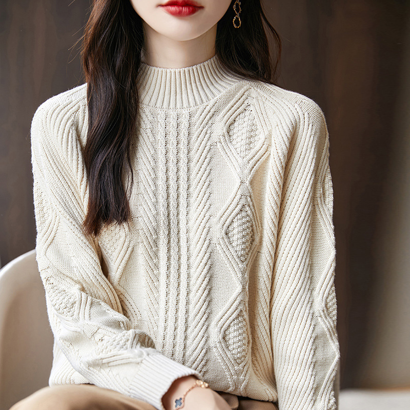 100 Cotton Semi-turtleneck Sweater Autumn and Winter New Women's Pullover Korean Style Loose Fashion Cotton Knitted Base Top 100 Cotton Semi-turtleneck Sweater Autumn and Winter New Women's Pullover Korean Style Loose Fashion Cotton Knitted Base Top