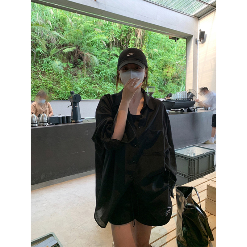 Lil Cher Black Long-Sleeved Sun Protection Shirt for Women Summer Thin Loose-Fitting Korean Style Lazy Style Tencel Jacket # 125J Lil Cher Black Long-Sleeved Sun Protection Shirt for Women Summer Thin Loose-Fitting Korean Style Lazy Style Tencel Jacket # 125J