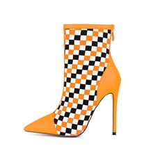 欧美外贸跨境独立站尖头橙色方格网纱拼色凉靴大码胖MM细高跟短靴