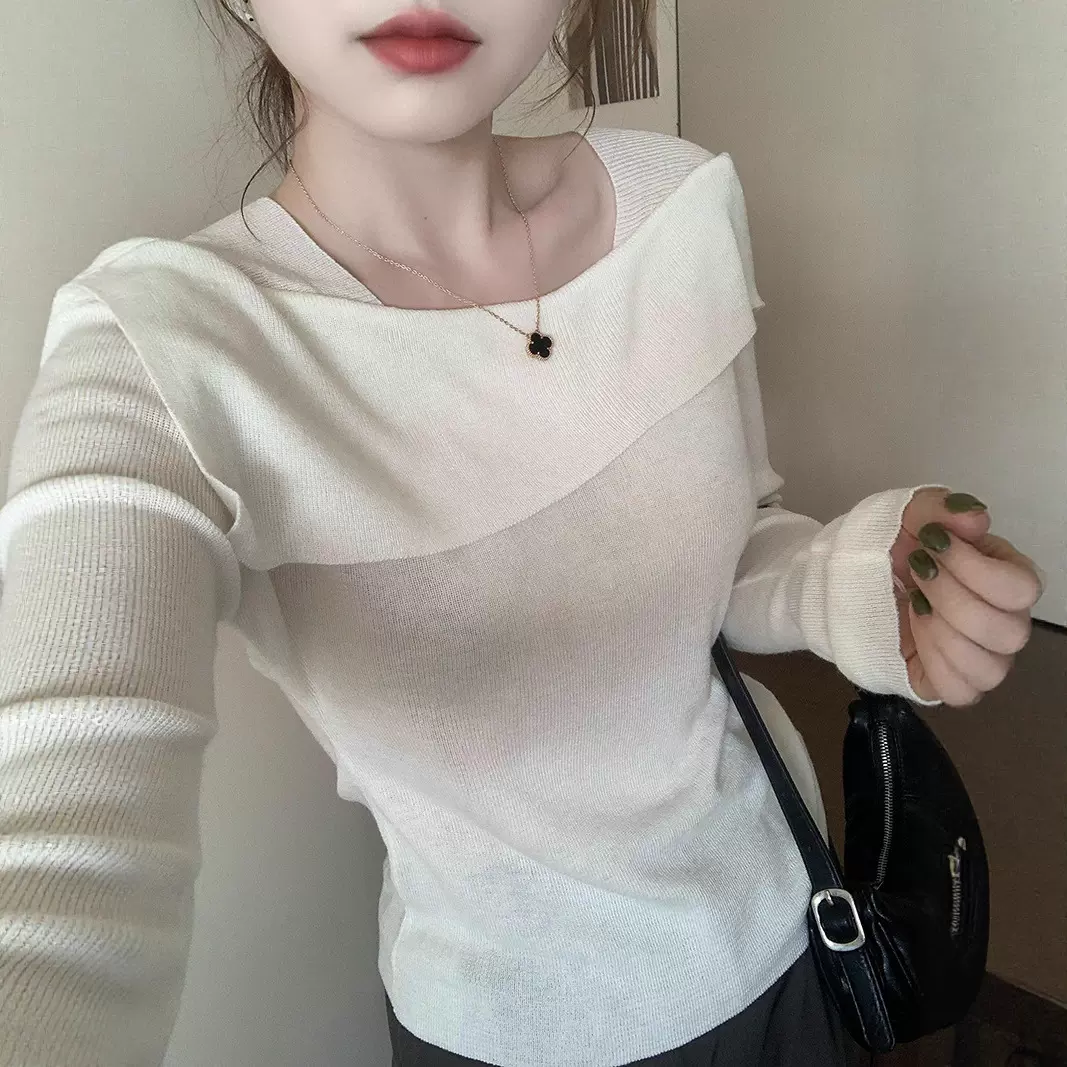 不规则大翻领设计感针织上衣女2025秋冬新款长袖百搭毛衣打底衫