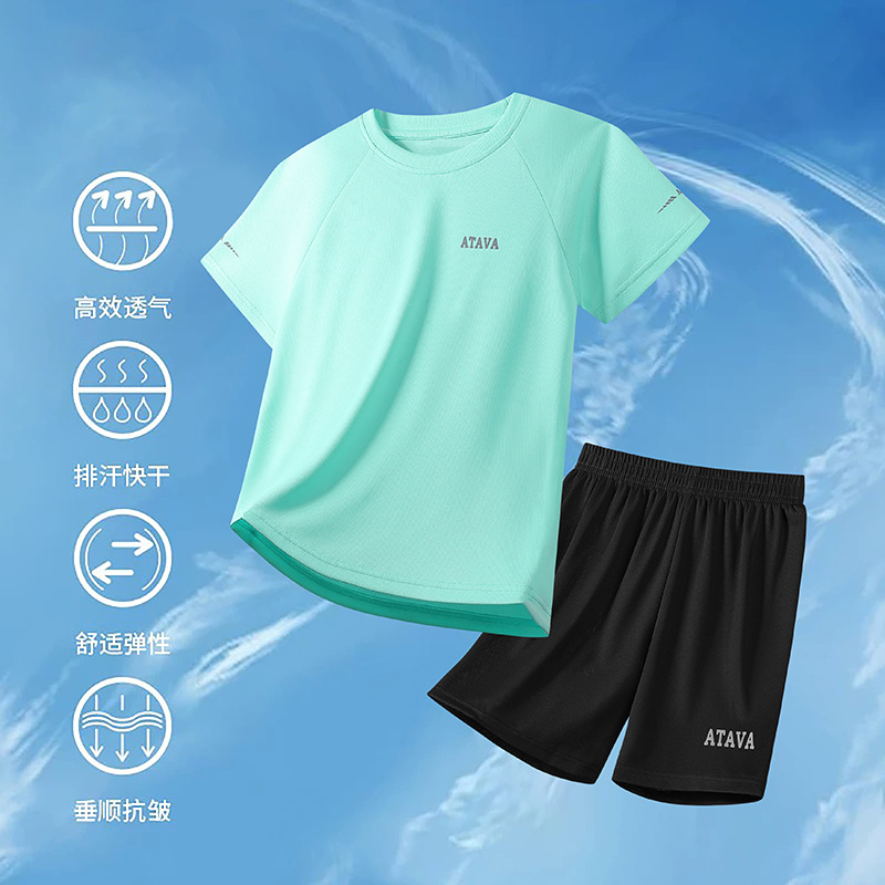 Boys' Quick-drying suit Children's Ice Silk Mesh Short-sleeved Shorts Two-piece Set Boys' Summer Medium and Large Children's Cool Sweater