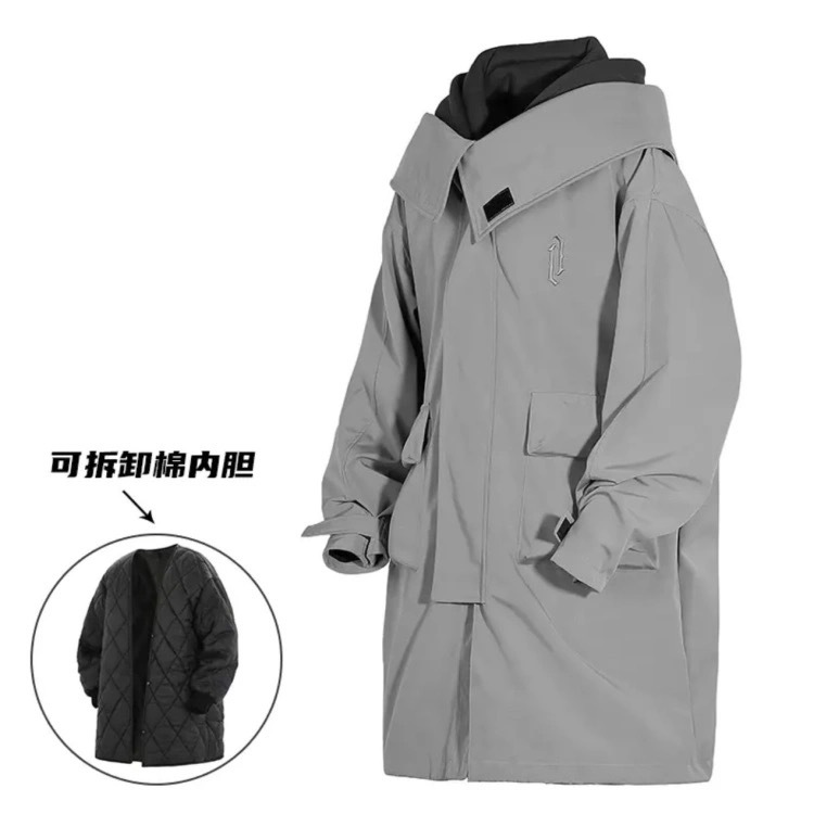 Jiye industria pesada Otoño e Invierno falso de dos piezas ropa de trabajo funcional viento costura rompevientos hombres y mujeres casual de media longitud abrigo Abrigo acolchado de algodón