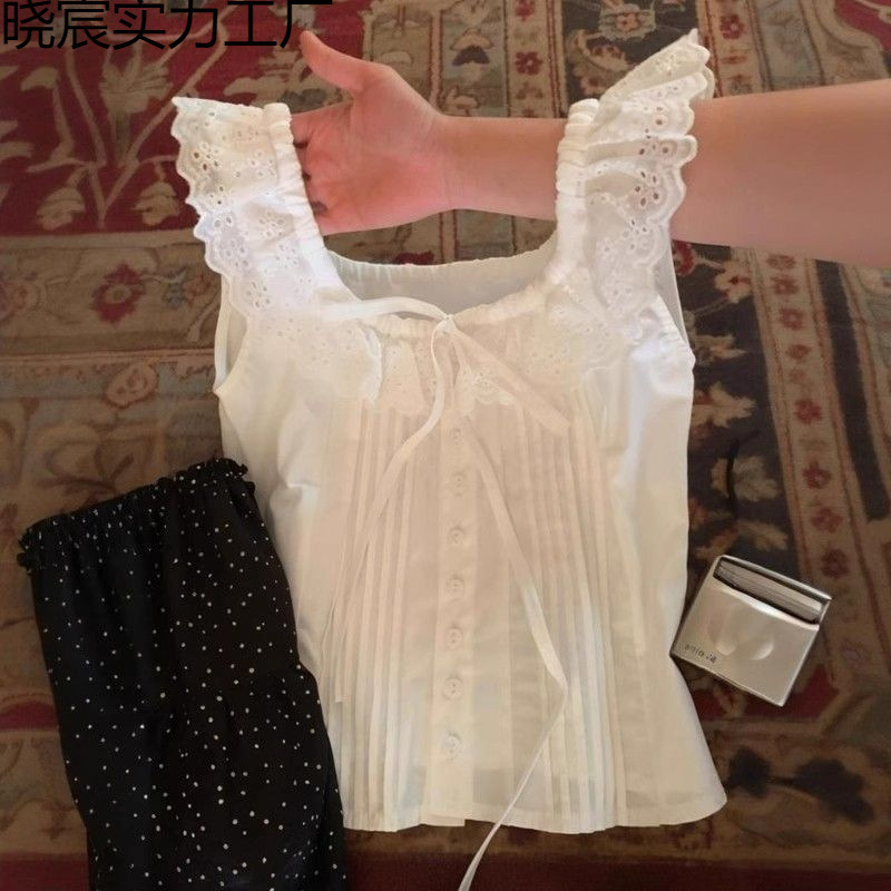 White Camisole French Design Shirt Summer Lace Trim Sleeveless Slim Fit Short Top Blouse Vest New Style White Camisole French Design Shirt Summer Lace Trim Sleeveless Slim Fit Short Top Blouse Vest New Style