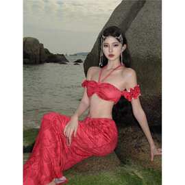 性感辣妹度假抹胸上衣女夏纯欲半身裙两件套装