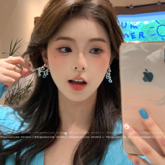 超闪冰川蓝水晶流苏耳钉女2025新款轻奢小众设计感耳环高级感耳饰