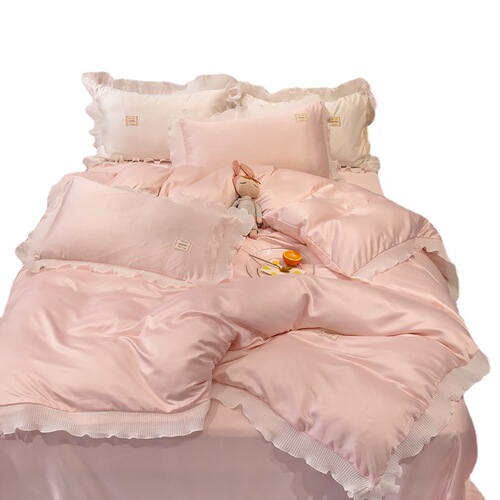Korean princess style ice silk four-piece set silky naked sleeping summer quilt cover sheets bedding pink quilt cover summer