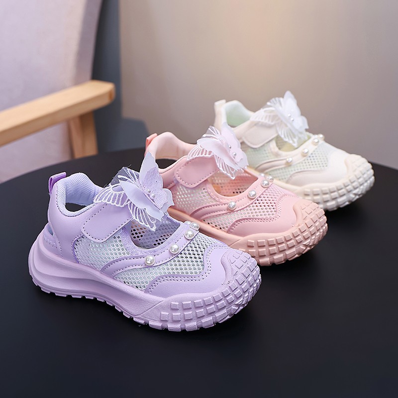 Niñas sandalias deportivas agujeradas 2026 verano nuevos zapatos casuales transpirables de malla para niños zapatos de mariposa perla princesa image 4