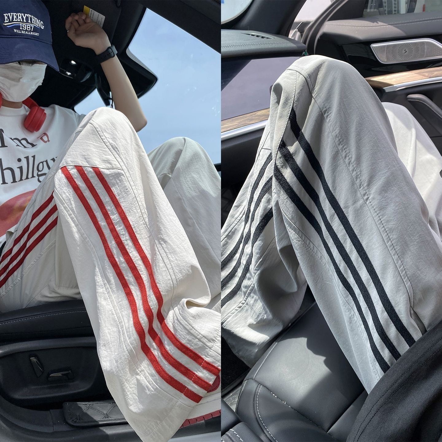 Pantalones de hielo de verano de tres barras para hombres delgados pantalones deportivos largos sueltos rectos de piernas anchas pantalones casuales de hombre