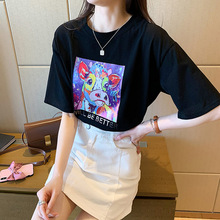 春夏T恤女士新款牛年印花宽松简约时尚圆领100棉短袖街头潮女装