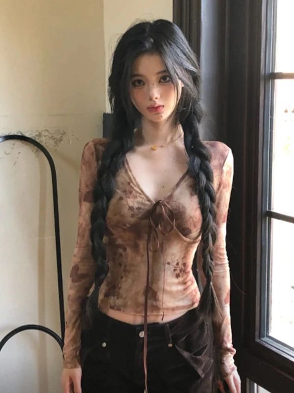 Spring and Autumn American Retro V Neck Tie-Dye Mesh Long-Sleeved T-Shirt Sexy Design Niche Slimming Look and Beautiful Top