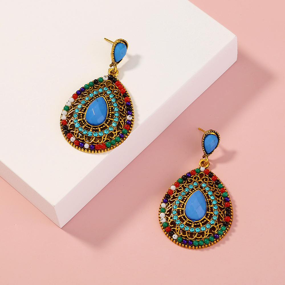 Retro Bohemian Style Beads Full Of Diamonds Water Drop Pendant Alloy Earrings display picture 5