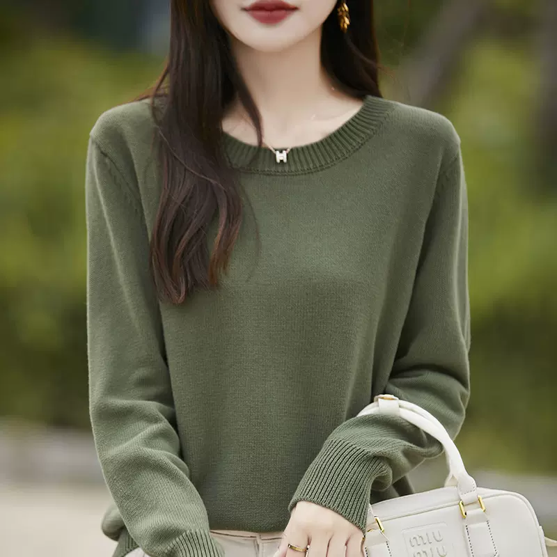 全棉圆领加厚毛衣女秋冬新款套头宽松显瘦针织打底衫女装上衣批发