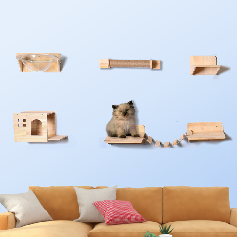 패키지 6 (수평 고양이 둥지 + 벽걸이 등반 기둥 수평 스타일 + 고양이 스프링보드 * 3 + 작은 문 고양이 둥지 + 매달린 부드러운 사다리 * 2)