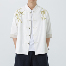 亚麻衬衫男短袖新中式盘扣半袖唐装夏季中国风男装棉麻五分袖衬衣