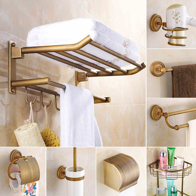 全铜欧式仿古毛巾架子网篮置物架浴室浴巾挂架卫生间五金挂件套装