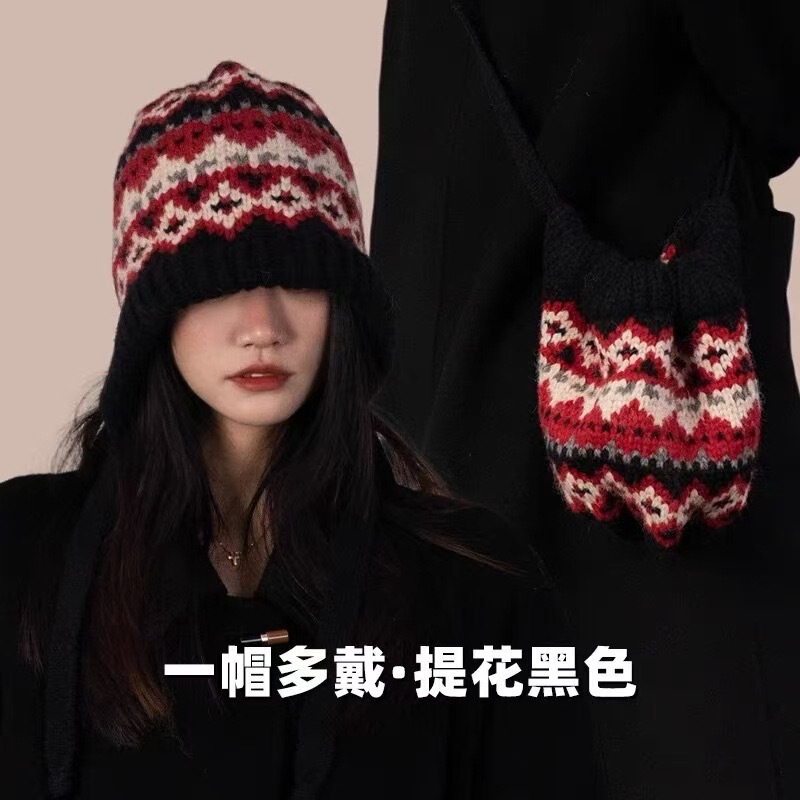 バッグと帽子のセット、女性用ヘップバーン風、ゆったりとした紐付きパイル帽子、甘い2025秋冬新作、暖かくて万能なウール帽子|undefined