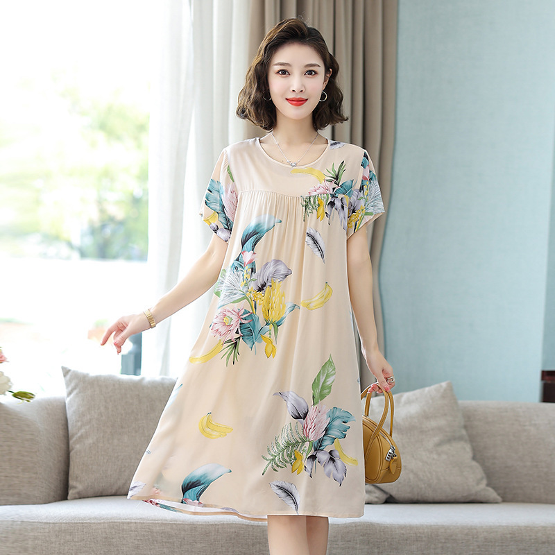Middle-aged and Elderly Nightgown Women's Summer Mother's Cotton Silk Pajamas Thin Short-sleeved Nightgown Loose Artificial Cotton Home Clothes