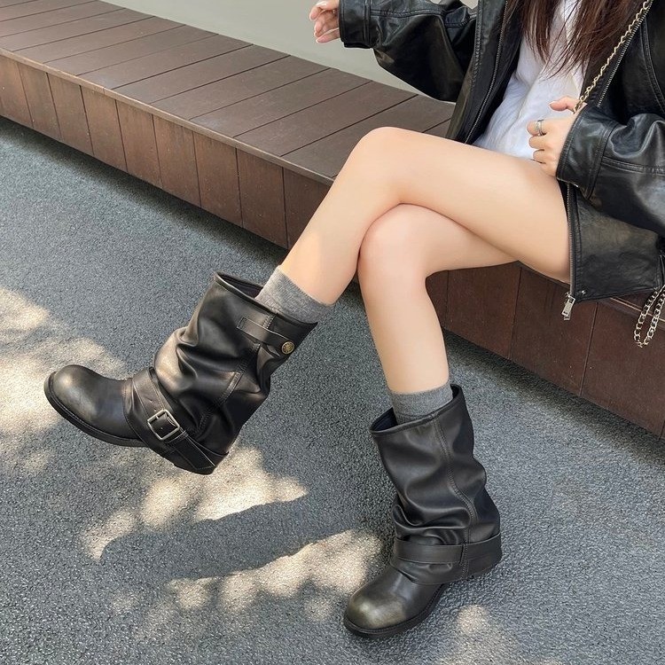 Cowhide Hot Girl Pants Short Boots Women's Pleated Pile Boots Retro British Style Maillard Western Boots Women's Boots