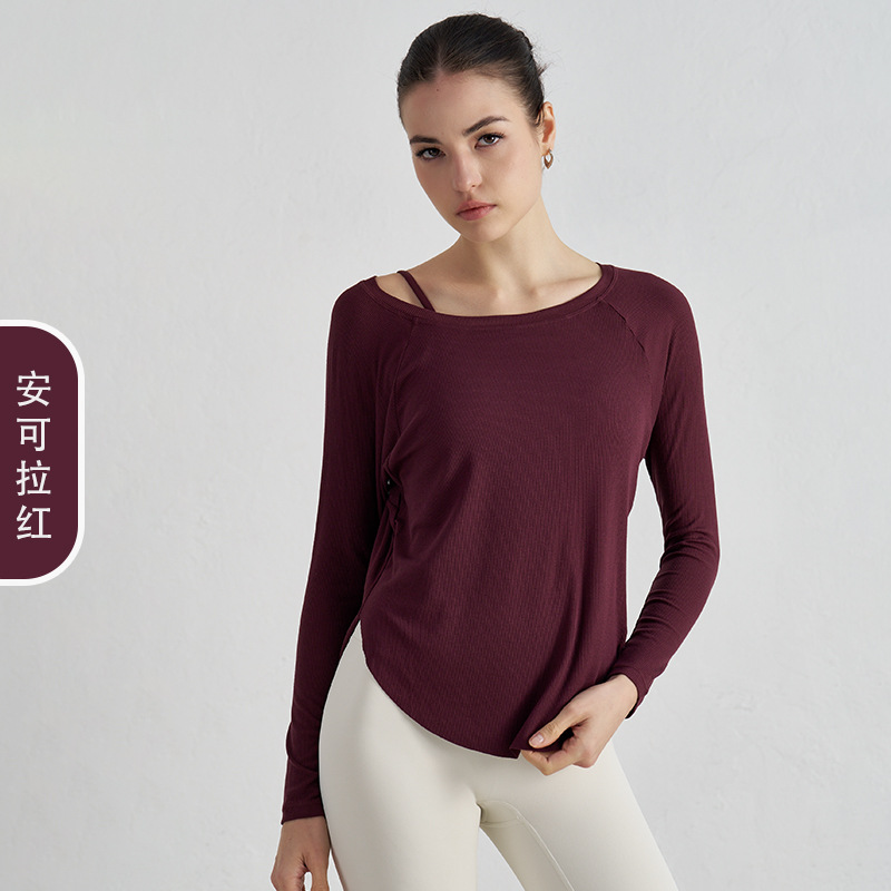 Otoño nuevo moda ropa de yoga suelta mujer sensación de hombro abierto chaqueta de yoga casual sensación deportiva de manga larga