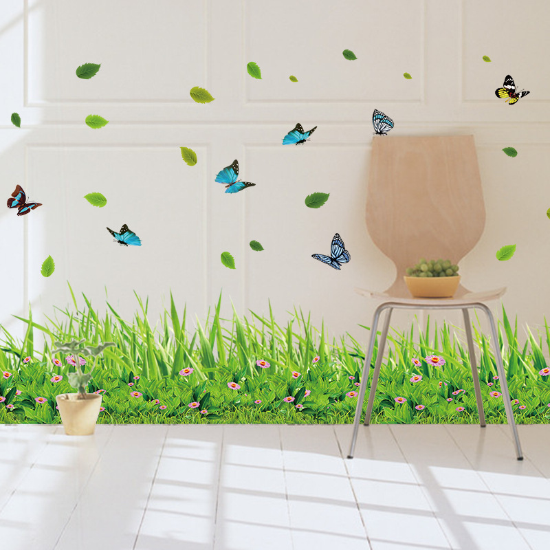 Warm green butterfly flowers and plants wallpaper skirting line wall sticker living room bedroom wall decoration sticker XL7180