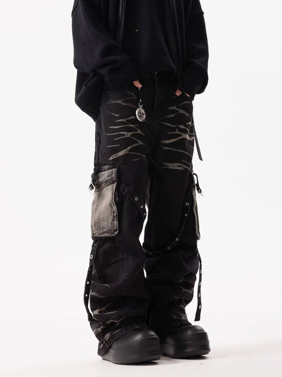 Jean cargo rétro ondulé à poches multiples et lacets pour homme, coupe droite, robuste et ample._voghion.com