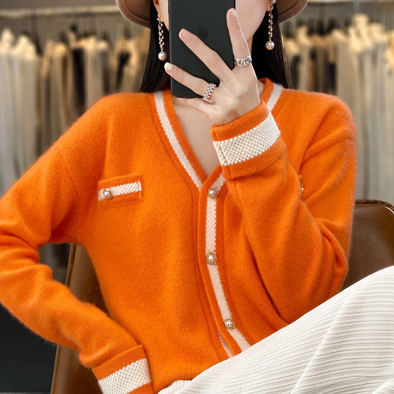 Autumn And Winter Style Small Chanel Style Contrast Color V-neck Sweater Jacket Lazy Style Loose Outer Wear Knitted Wool Cardigan