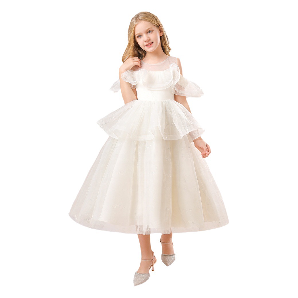 2024 primavera nuevo vestido de pasarela para niños vestido de princesa fuera del hombro mullido tridimensional estilo occidental vestido de piano
