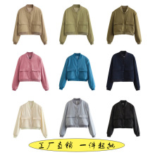 加色跨境外贸时尚批发休闲欧美大口袋秋季都市短款夹克外套女装