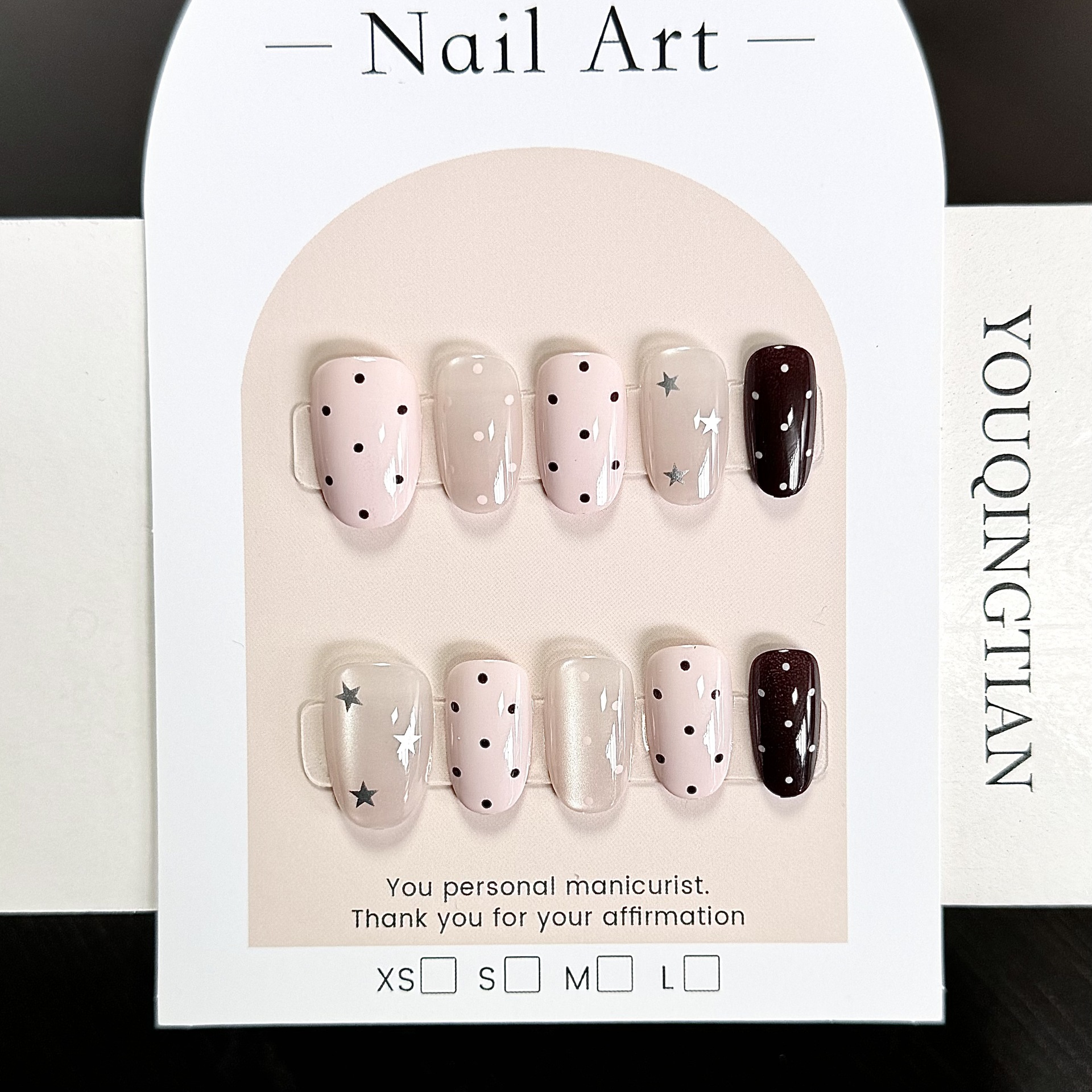 Polka Dot Style Press-On Nails Finished Nail Pieces Pink Brown Cat Eye Stars Simple Versatile Korean Style Ins Manicure 30 Pieces Assorted Sizes