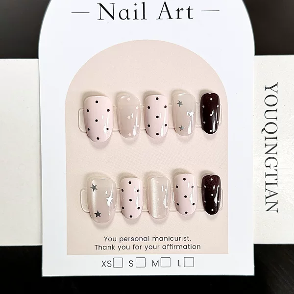 Polka Dot Style Press-On Nails Finished Nail Pieces Pink Brown Cat Eye Stars Simple Versatile Korean Style Ins Manicure 30 Pieces Assorted Sizes