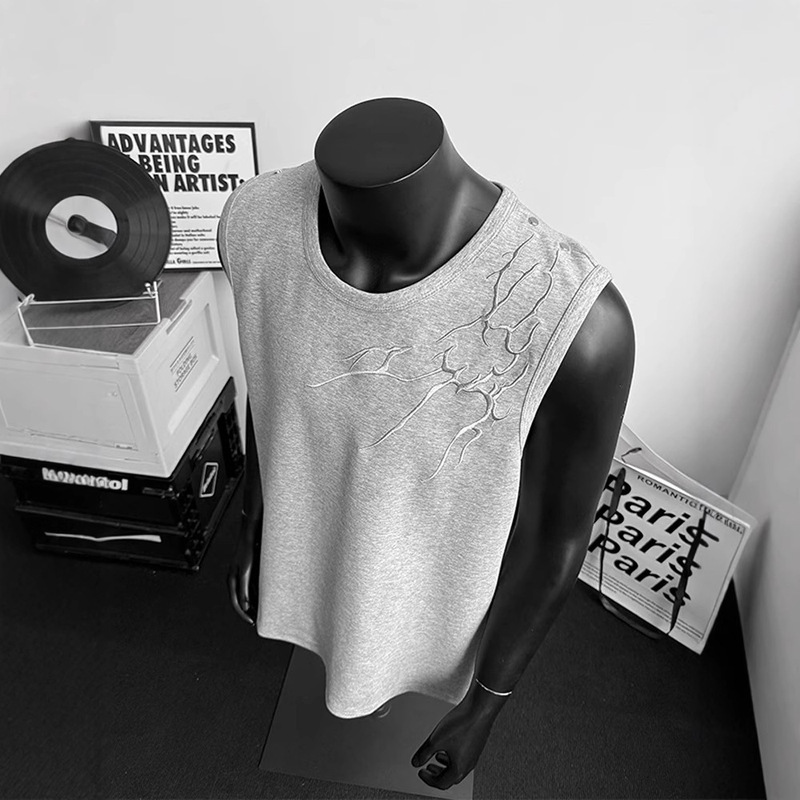 American Style High Street Thorn Lightning Pattern Embroidered Vest Men's Summer Sports Waistcoat Sleeveless T-shirt Thorn Handsome Heavy T-shirt