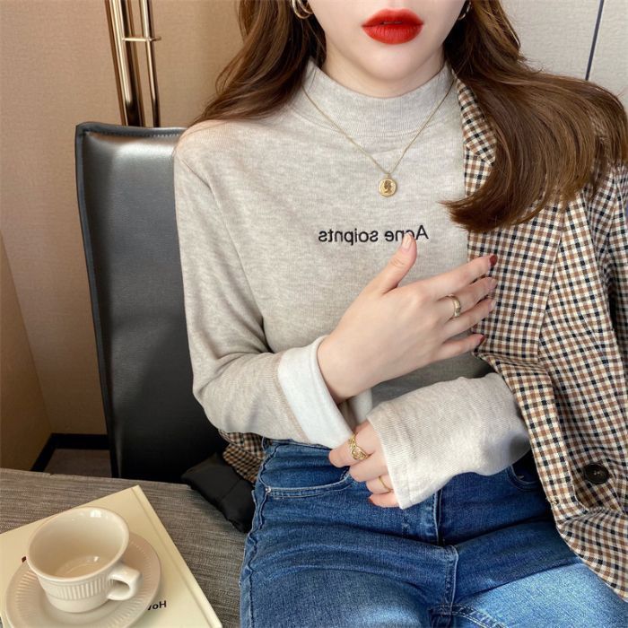 DeRong ボトリングシャツ Tシャツレディース 2024 秋冬新スタイル厚みのある起毛カチオンハーフタートルネックインナートップ|undefined