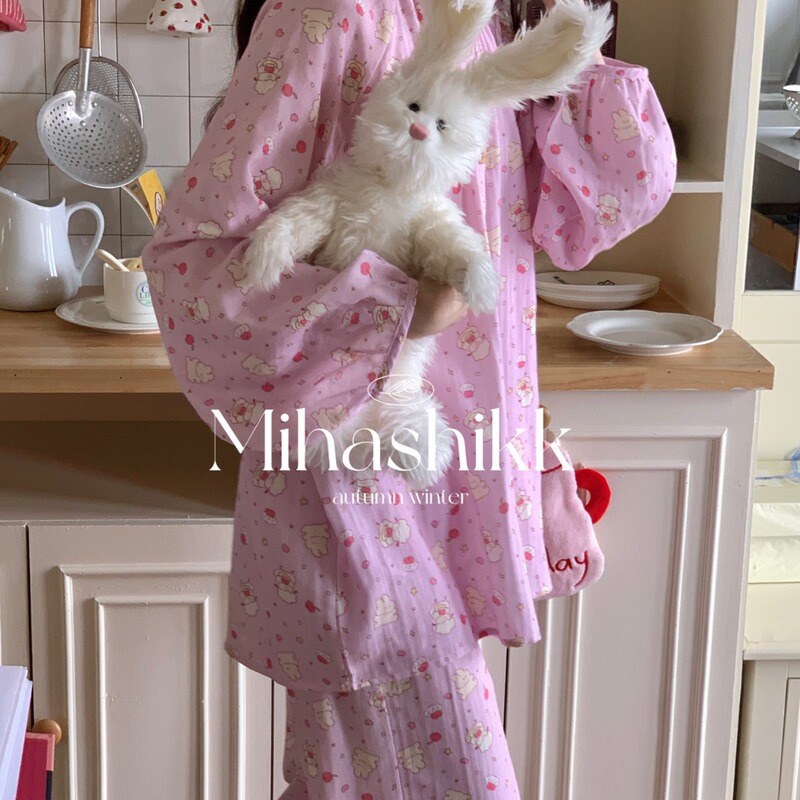 mihashikk Multicolor Optional Lazy Cotton Double-Layer Gauze Pajamas Cute Cartoon Loose Long Sleeve Home Clothes