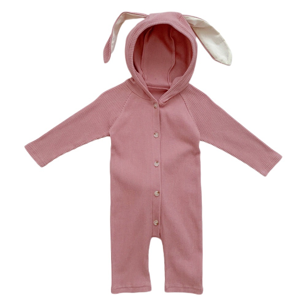 INS estilo coreano niñas de manga larga pit de hilo de una pieza mameluco niños ropa de otoño hebilla abierta conejo mameluco de excursión con capucha