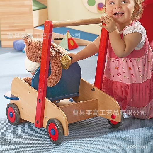 Wooden Baby Stroller Baby Walker Shopping Cart Anti-Rollover Play House with Seat and Storage Toys