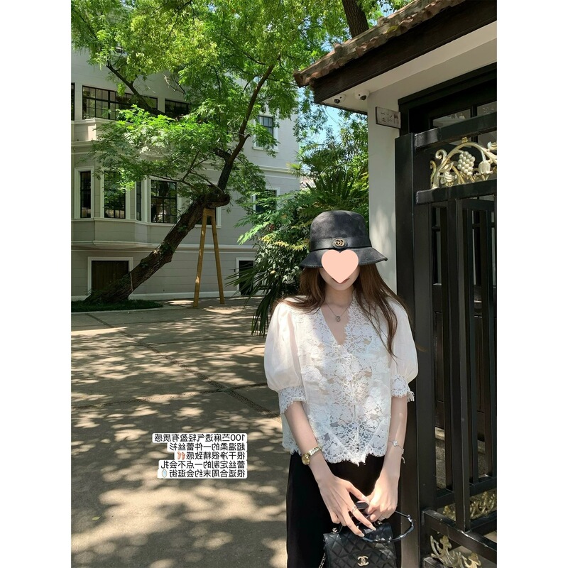 Date Diary Ramie Spliced Lace Gentle Puff Sleeve Shirt Top 2026 New Style