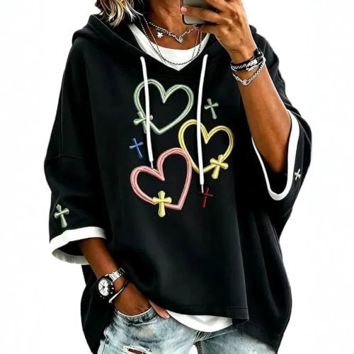 2026 Autumn/Winter New Cross-Border Fashionable Personalized Mid-Sleeve Hooded Sweatshirt with Heart 3D Print for Women - Cool Silk Cotton 2026 Autumn/Winter New Cross-Border Fashionable Personalized Mid-Sleeve Hooded Sweatshirt with Heart 3D Print for Women - Cool Silk Cotton