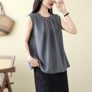 Retro Pure Color Pleated Sleeveless Vest Vest for Women 2025 Summer New Style Light and Breathable Design Top for Women Trendy