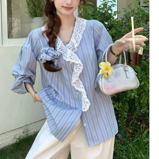 海盐氧气韩版chic慵懒条纹v领拼接花边衬衫女2025别致长袖上衣ins