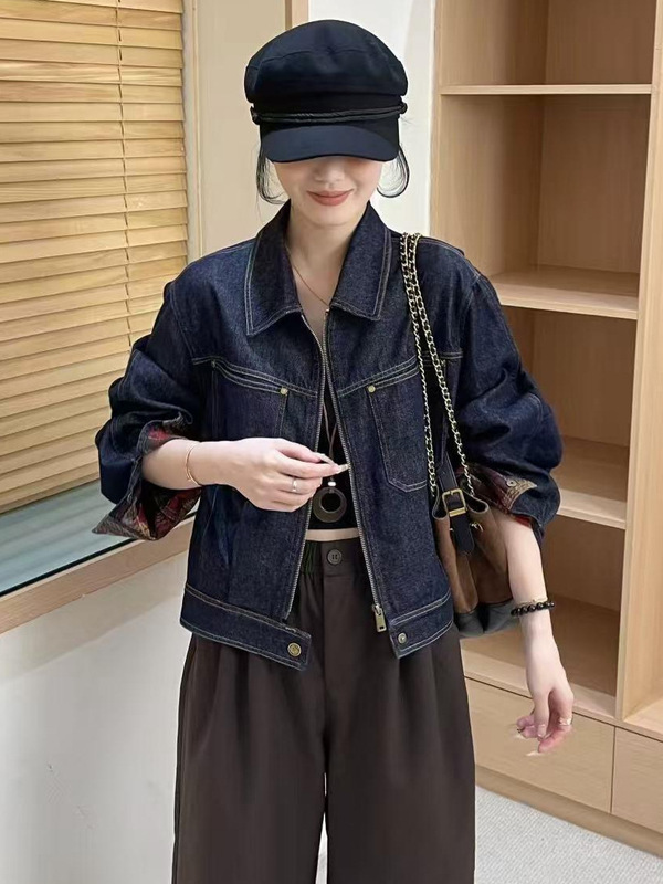 撞色格子压线牛仔短款外套女2025秋季新款小个子宽松显瘦夹克上衣|undefined